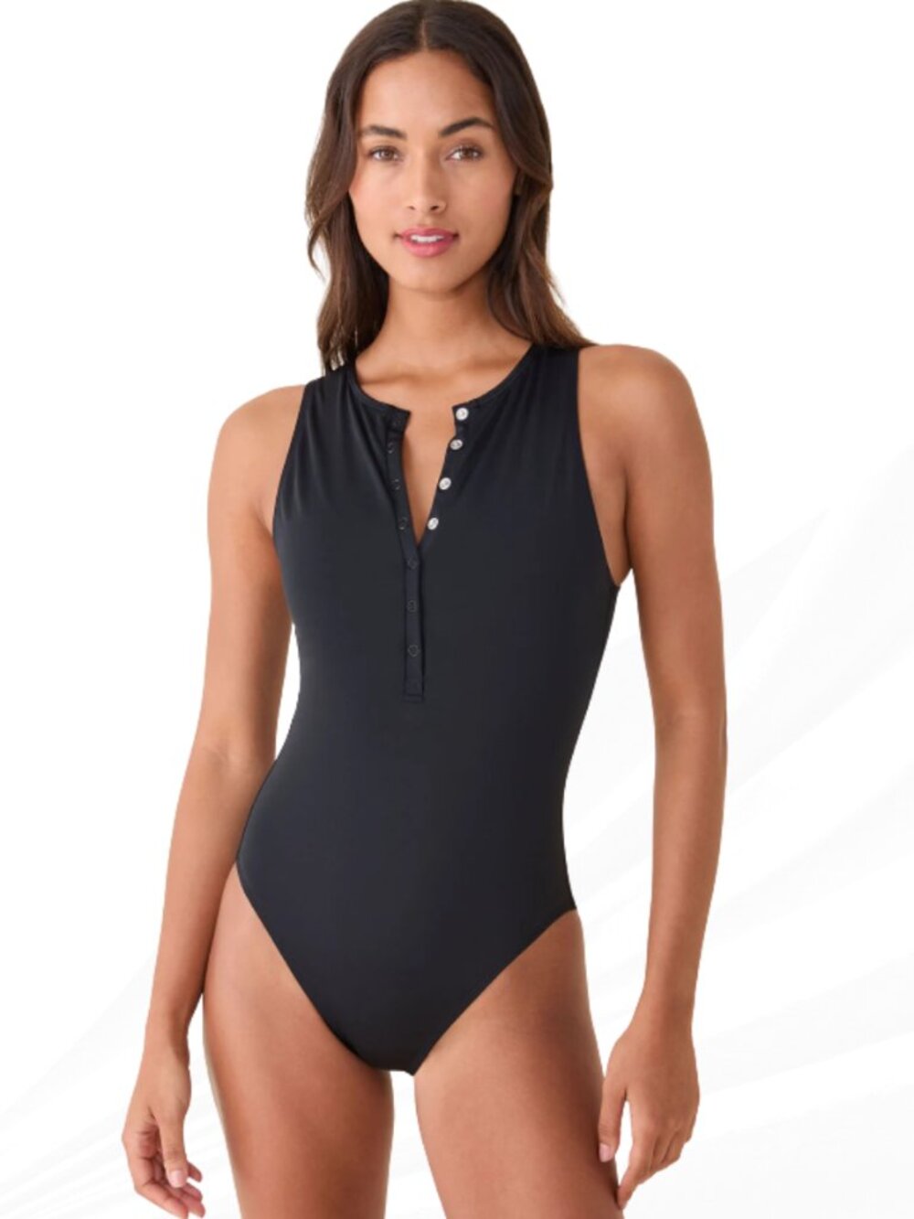 Andie Malibu One Piece Swimsuit Black Snap Front Eco Nylon Long Torso Sz MT